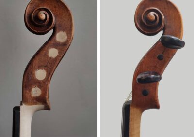 Restauration violon - Vincennes : bouchons de cheville et enture de tête violon